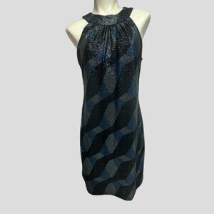 Elie Tahari Halter Top Sleeveless Metallic Shimmer Wave Geometric Pattern Dress